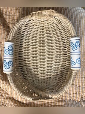 Shallow Woven Rattan Basket Tray with Blue and White Ceramic Flower Handles